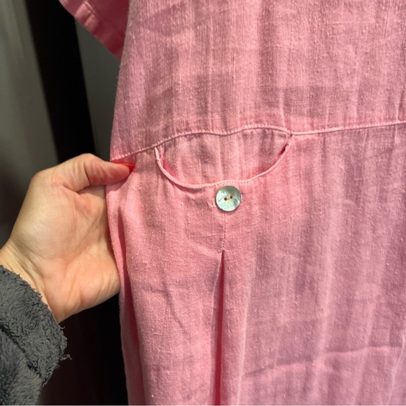 FOCUS PINK linen V-Neck long DRESS Pearl Buttons Gauzy Beach Lagenlook USA made - Picture 6 of 16